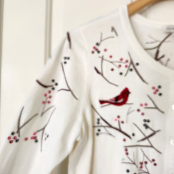 Embroidered Cardinal Sequins Cardigan Sweater Cream Red Grandma Winter Holiday - Picture 4 of 13
